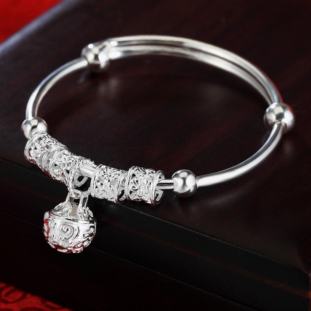 925 Sterling Silver Hollow Bells & Ball Bangle (Adjustable
