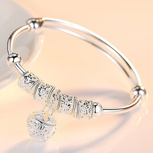 925 Sterling Silver Hollow Bells & Ball Bangle (Adjustable